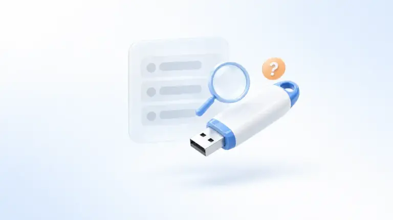 Белая USB-флешка, лупа и полупрозрачный список устройств загрузки
