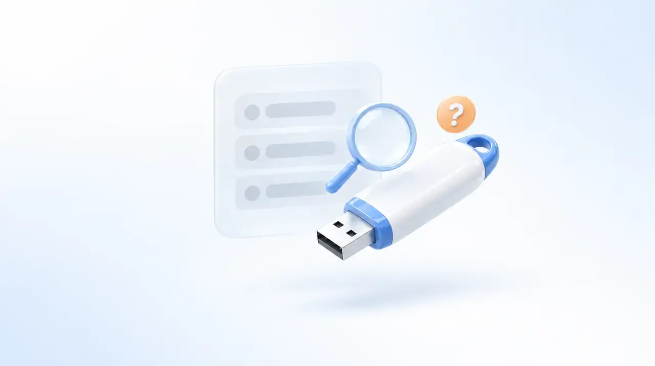 Белая USB-флешка, лупа и полупрозрачный список устройств загрузки