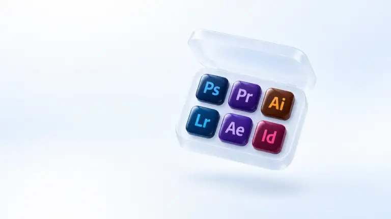 Шесть иконок программ Adobe в прозрачной коробке
