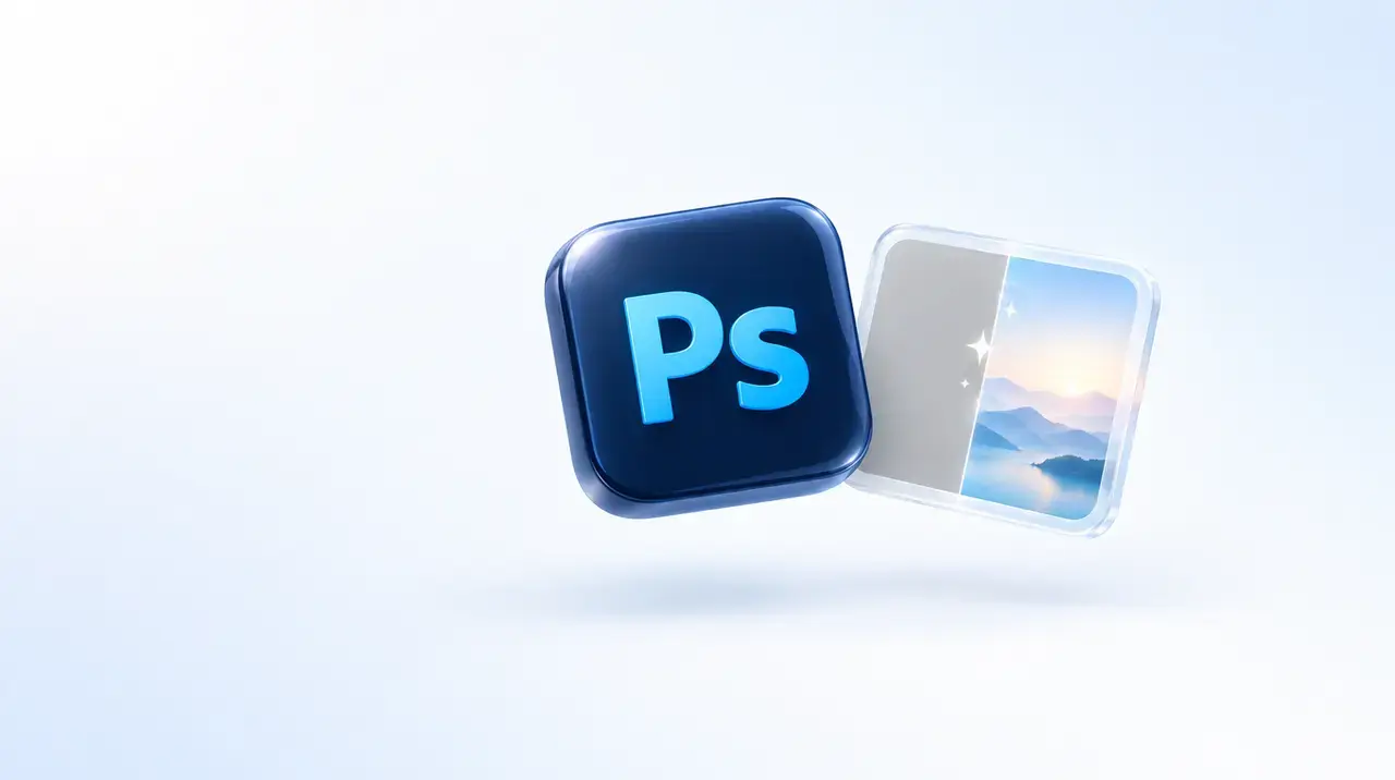 Иконка Photoshop и рамка, наполовину заполненная пейзажем