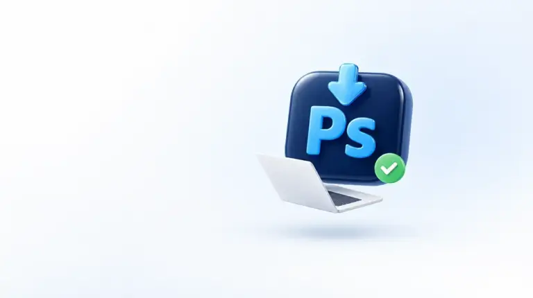 Иконка Photoshop со стрелкой загрузки и ноутбук