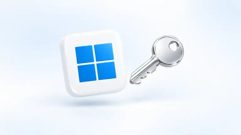 Плитка с логотипом Windows 11 и серебристый ключ
