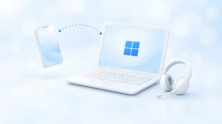 Ноутбук с Windows, смартфон и гарнитура, связанные удалённым подключением