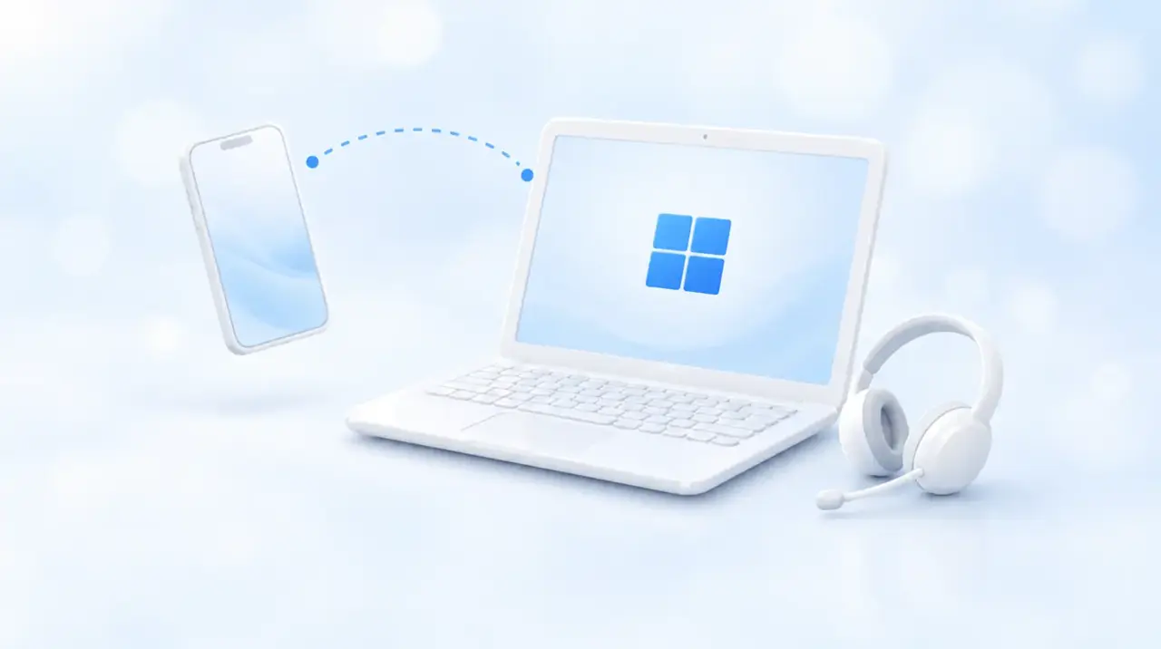 Ноутбук с Windows, смартфон и гарнитура, связанные удалённым подключением