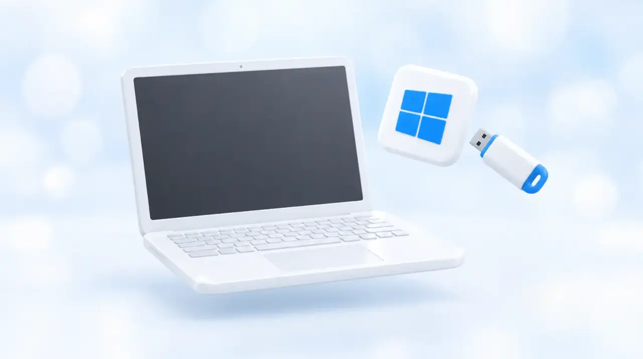 Новый ноутбук с пустым экраном, плитка с логотипом Windows и флешка