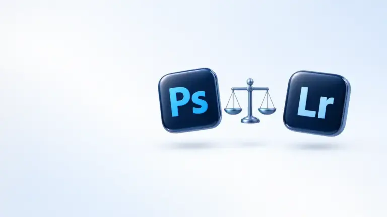 Иконки Photoshop и Lightroom по сторонам от весов