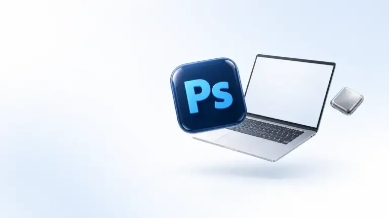 Иконка Photoshop, серебристый ноутбук и чип