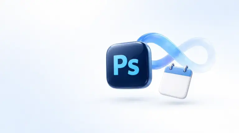 Иконка Photoshop, лента бесконечности и календарь