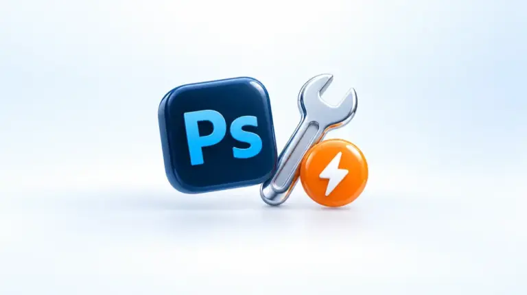 Значок Photoshop, гаечный ключ и оранжевый значок сбоя с молнией