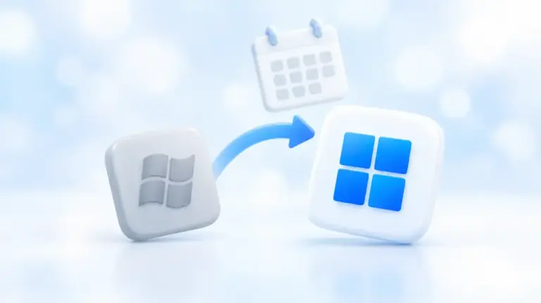Старый логотип Windows и логотип Windows 11, соединённые стрелкой, и календарь