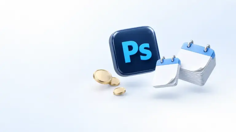 Иконка Photoshop, календари на месяц и на год, монеты
