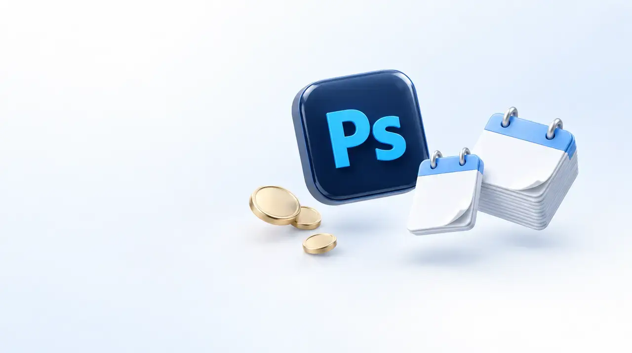 Иконка Photoshop, календари на месяц и на год, монеты