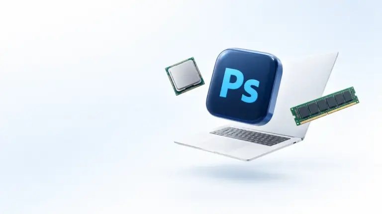 Иконка Photoshop, ноутбук, процессор и планка памяти