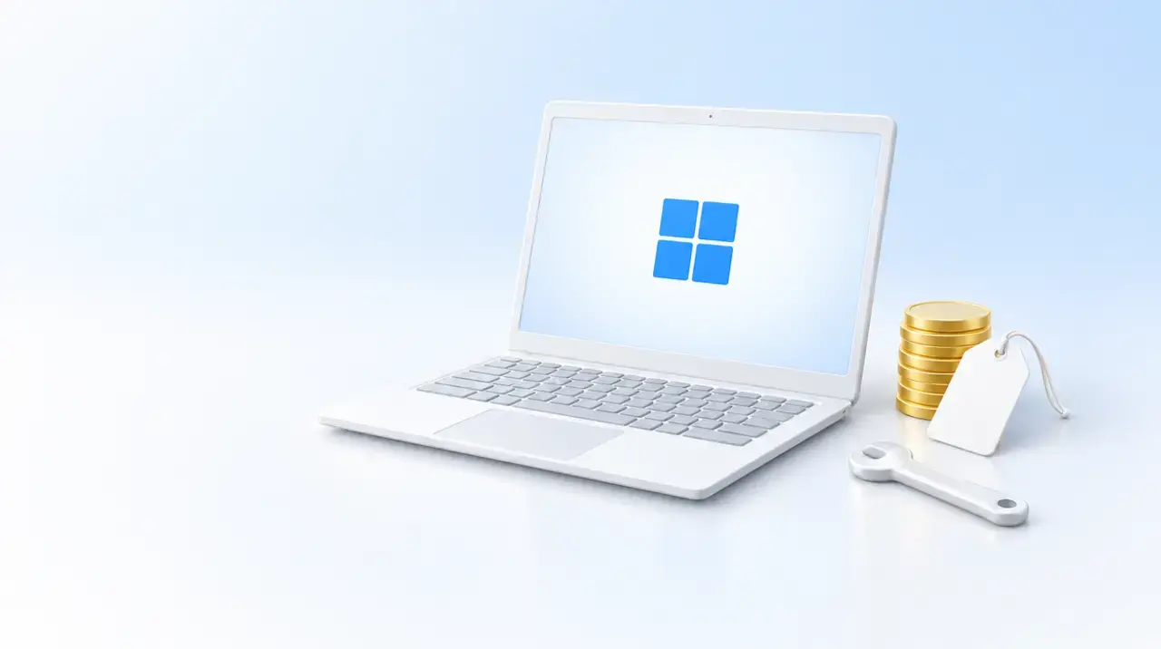 Ноутбук с логотипом Windows, монеты и ценник