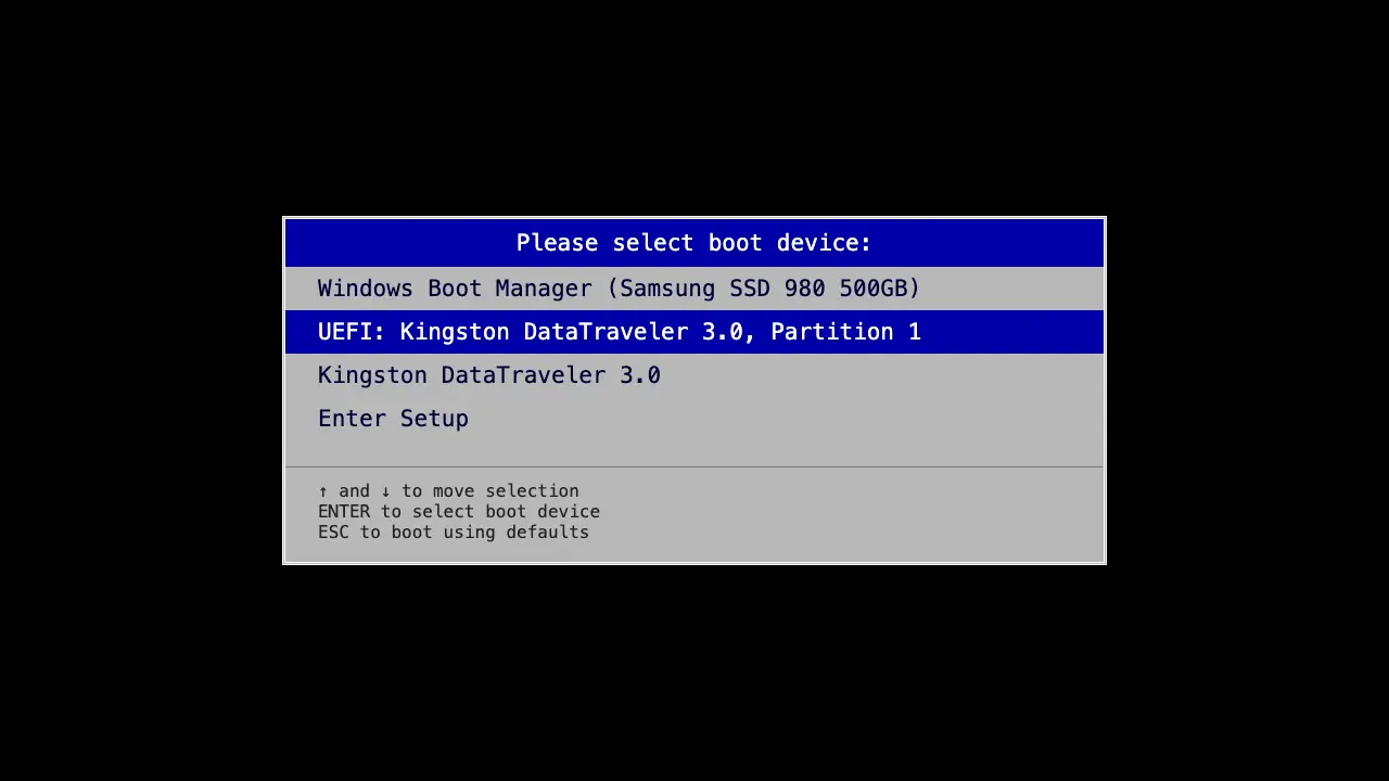 Boot Menu с флешкой: пункт UEFI: Kingston DataTraveler, Partition 1